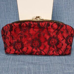 1950s Red Taffeta Black Lace Fold Over Clutch by Thomas